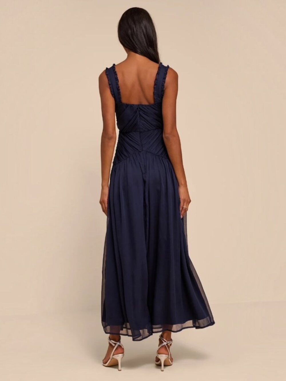 Lulus Laufey Navy Blue Pleated Drop Waist Midi Dress NWT - Picture 3 of 10